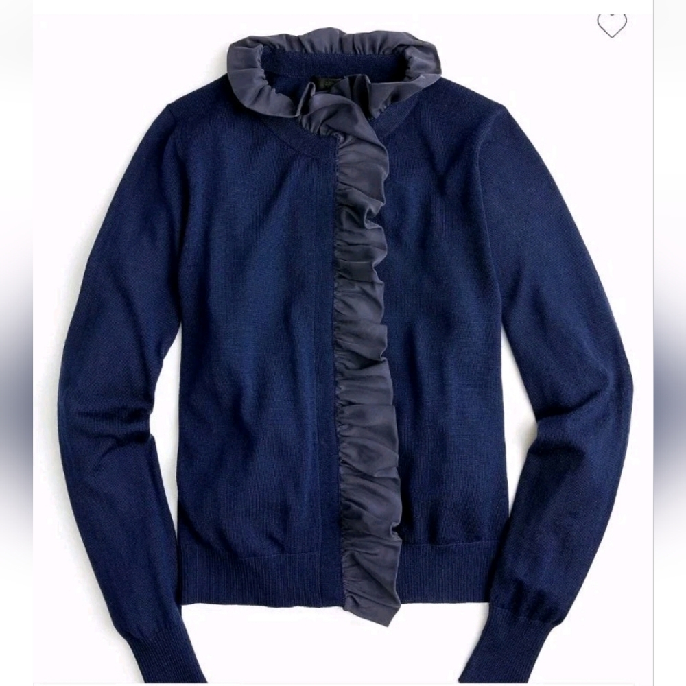J Crew Merino Wool Ruffled Mockneck Cardigan Fitted Sweater Slim Large Navy Nwt - Picture 6 of 16